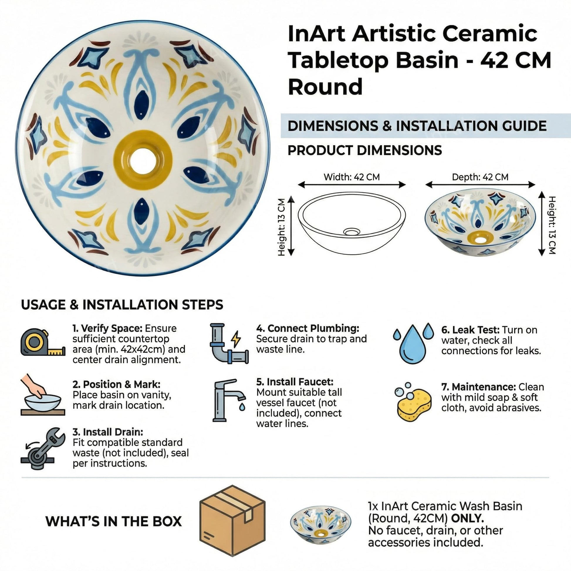 InArt ceramic table top basin, round 42x42x13 cm, Mexican Blue, top view showing wide bowl