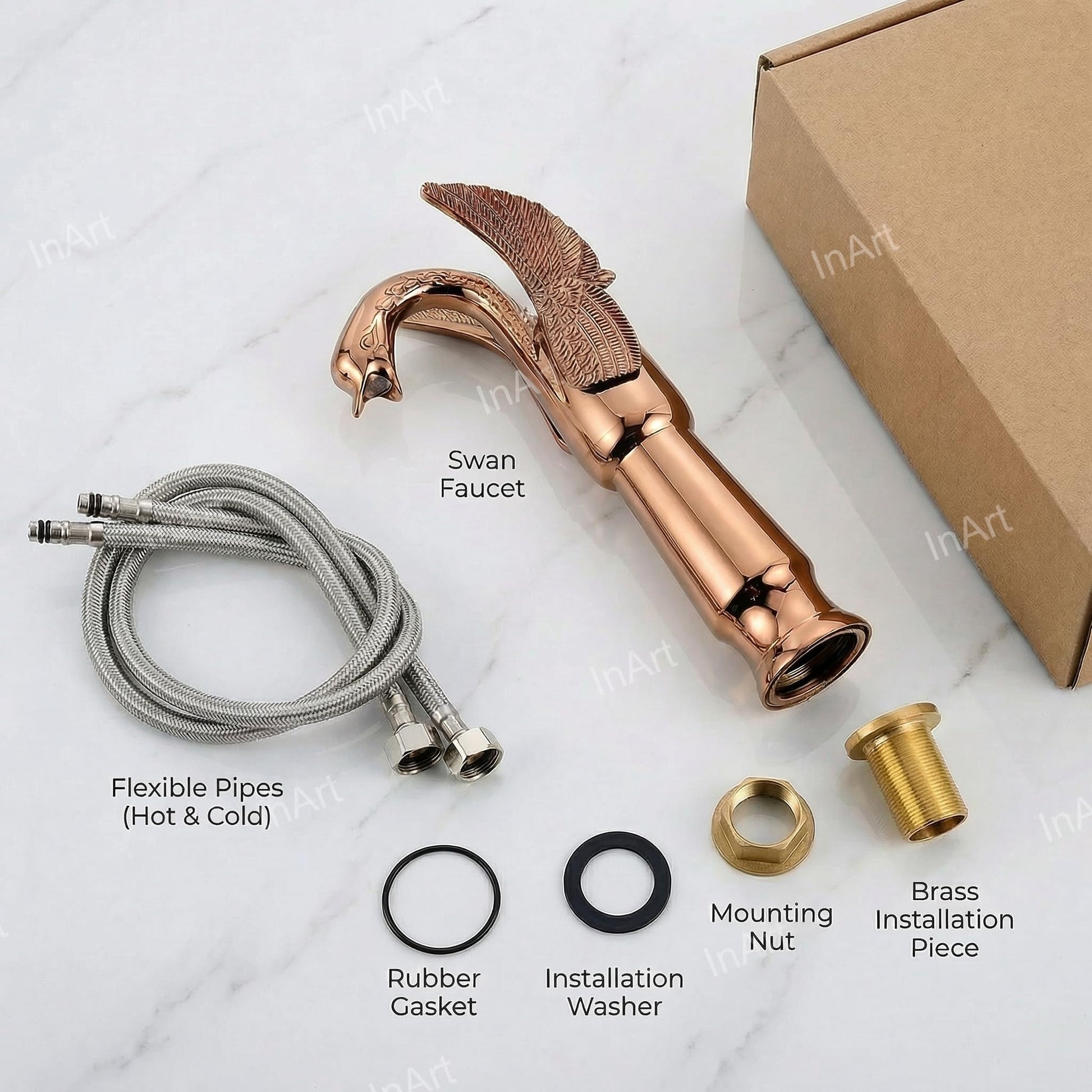 Bathroom interior styling with InArt rose gold swan neck basin tap, tall body wash basin mixer single lever