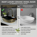 Table top wash basin with cabinet design idea, oval glossy black gold ceramic basin for modern washroom