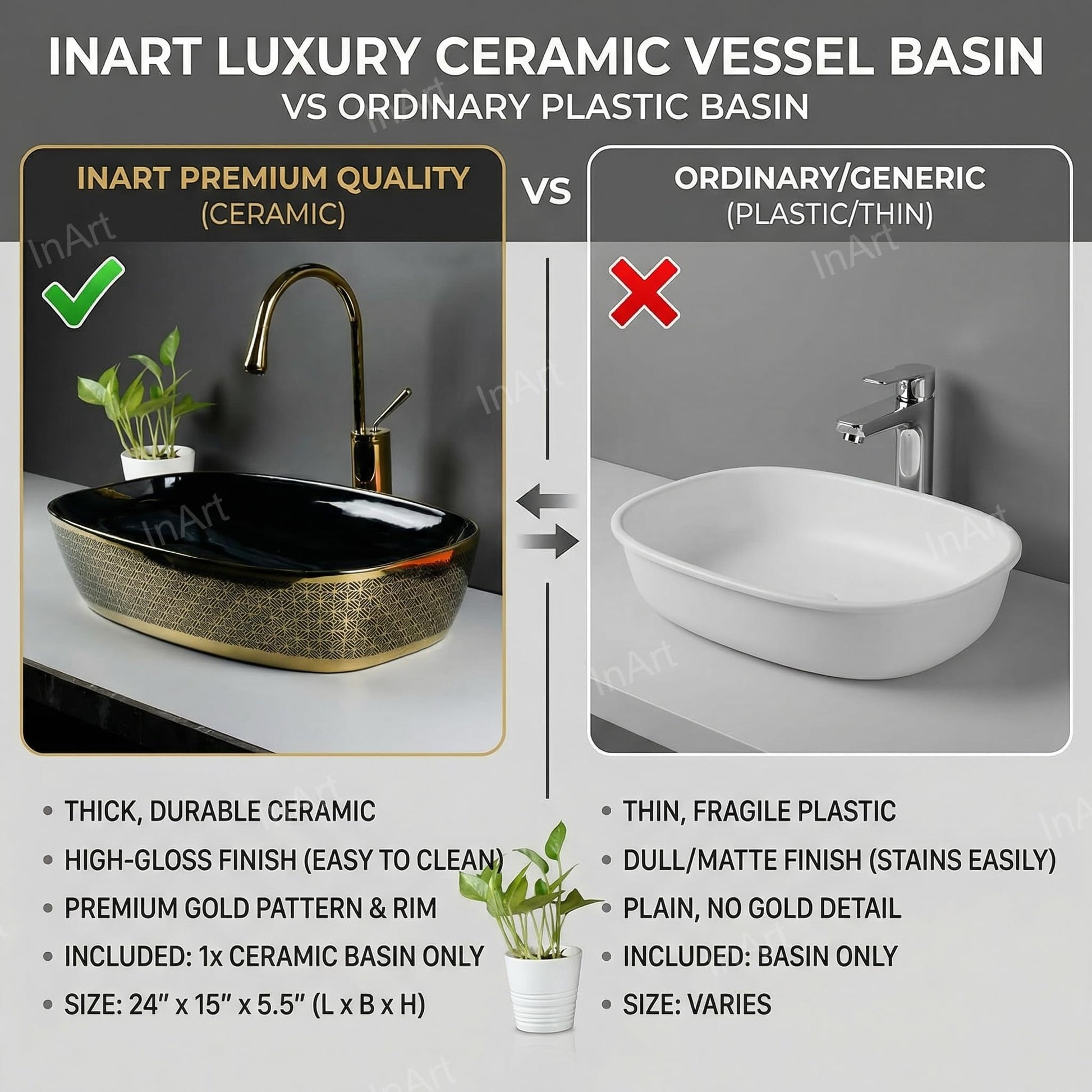 Table top wash basin with cabinet design idea, oval glossy black gold ceramic basin for modern washroom