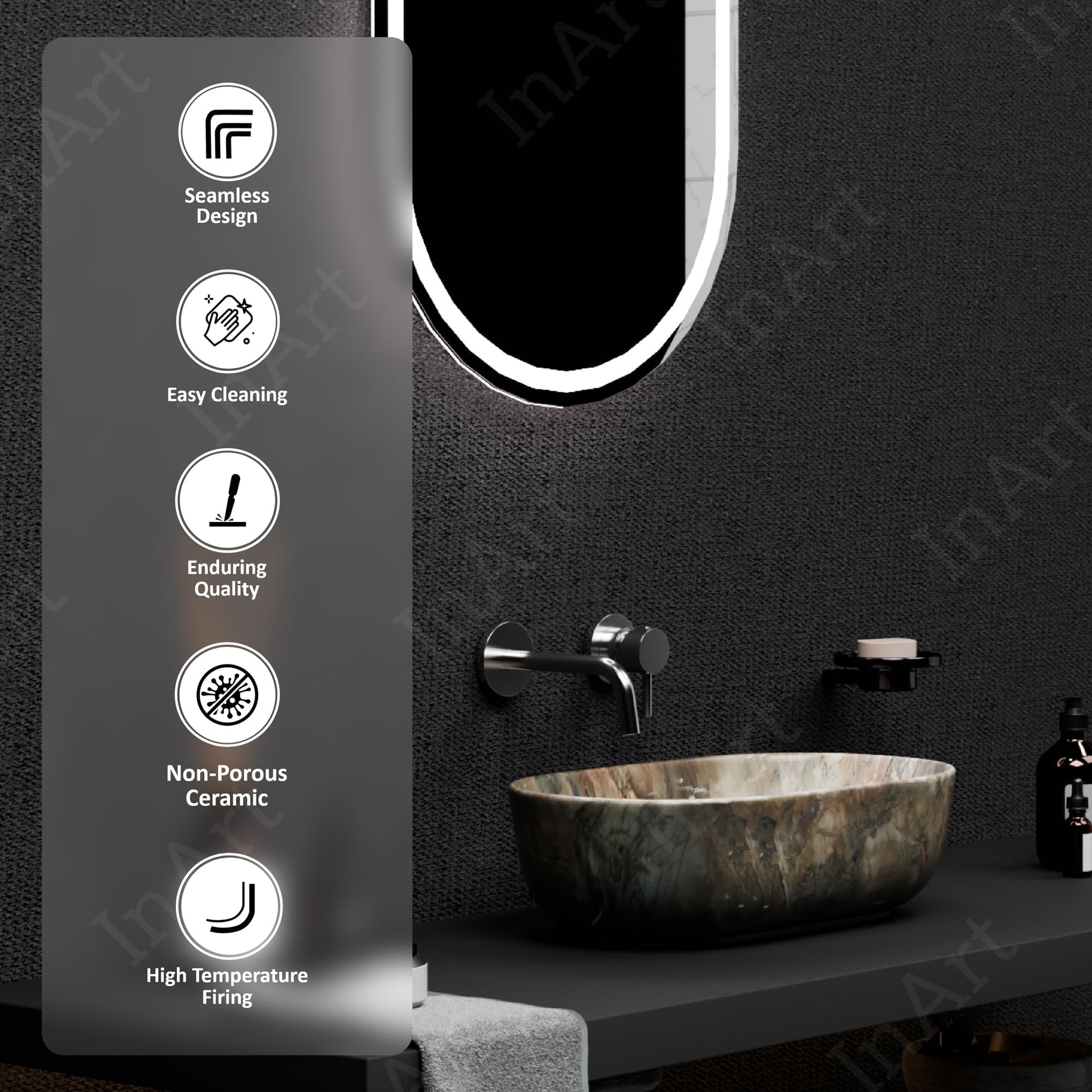 Modern table top wash basin design, InArt rectangular ceramic basin in green marble look, 3/4 angle view