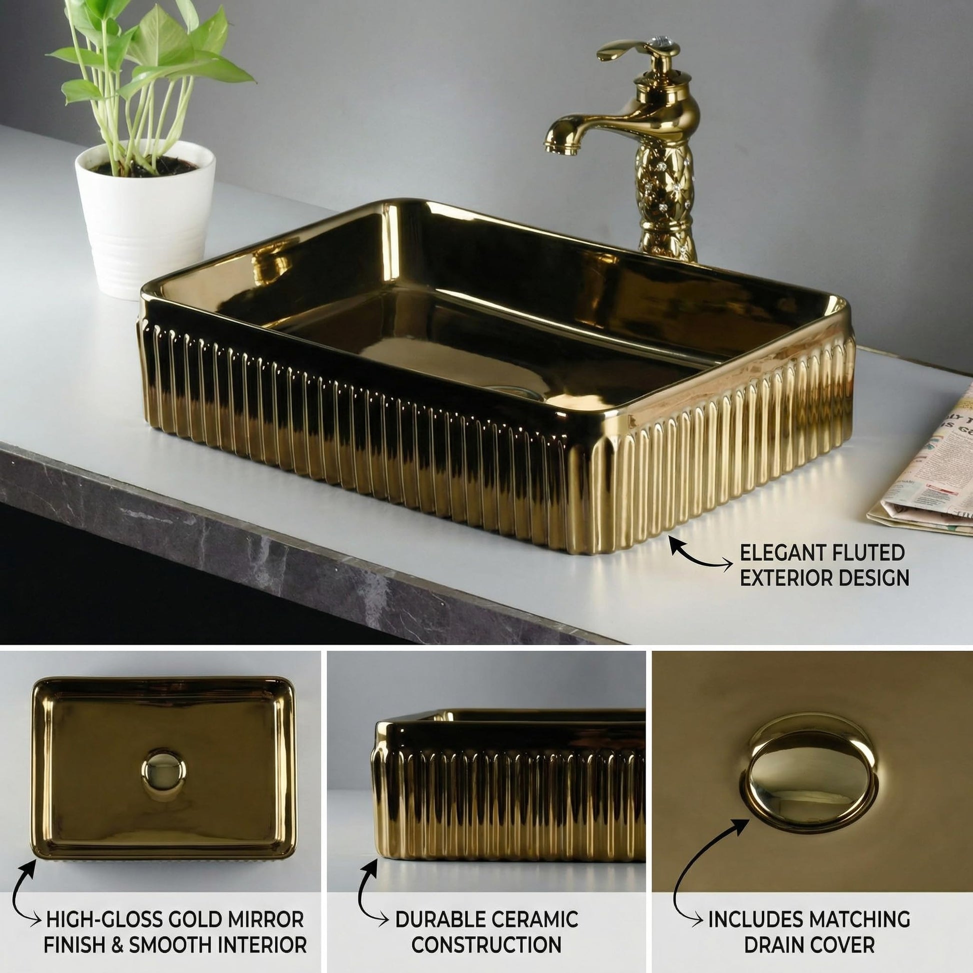 InArt table top wash basin design, rectangular ceramic basin in rose gold, side angle for bathroom decor