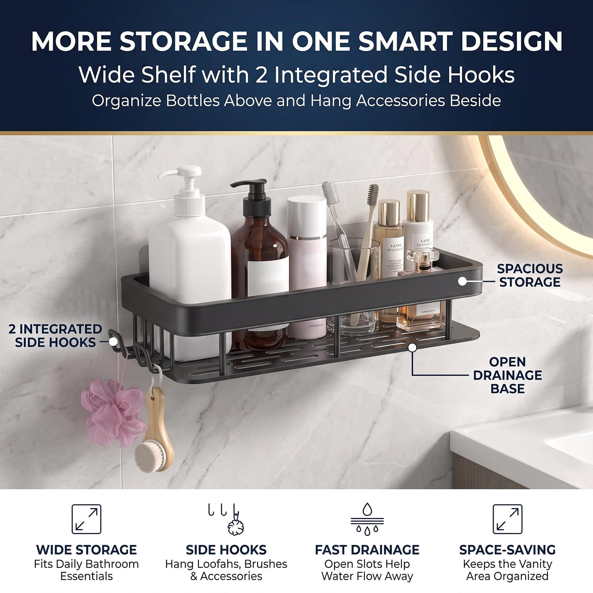 Pack of two wall shelves with mounting accessories: adhesive pads, screws and plugs