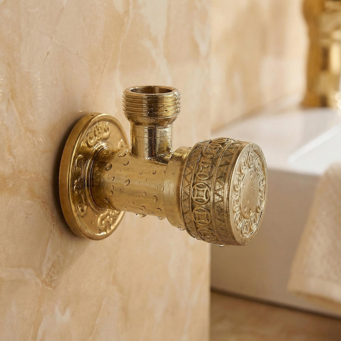 InArt zinc angle valve for wash basin 1 2 inch in antique gold finish with wall flange, front view