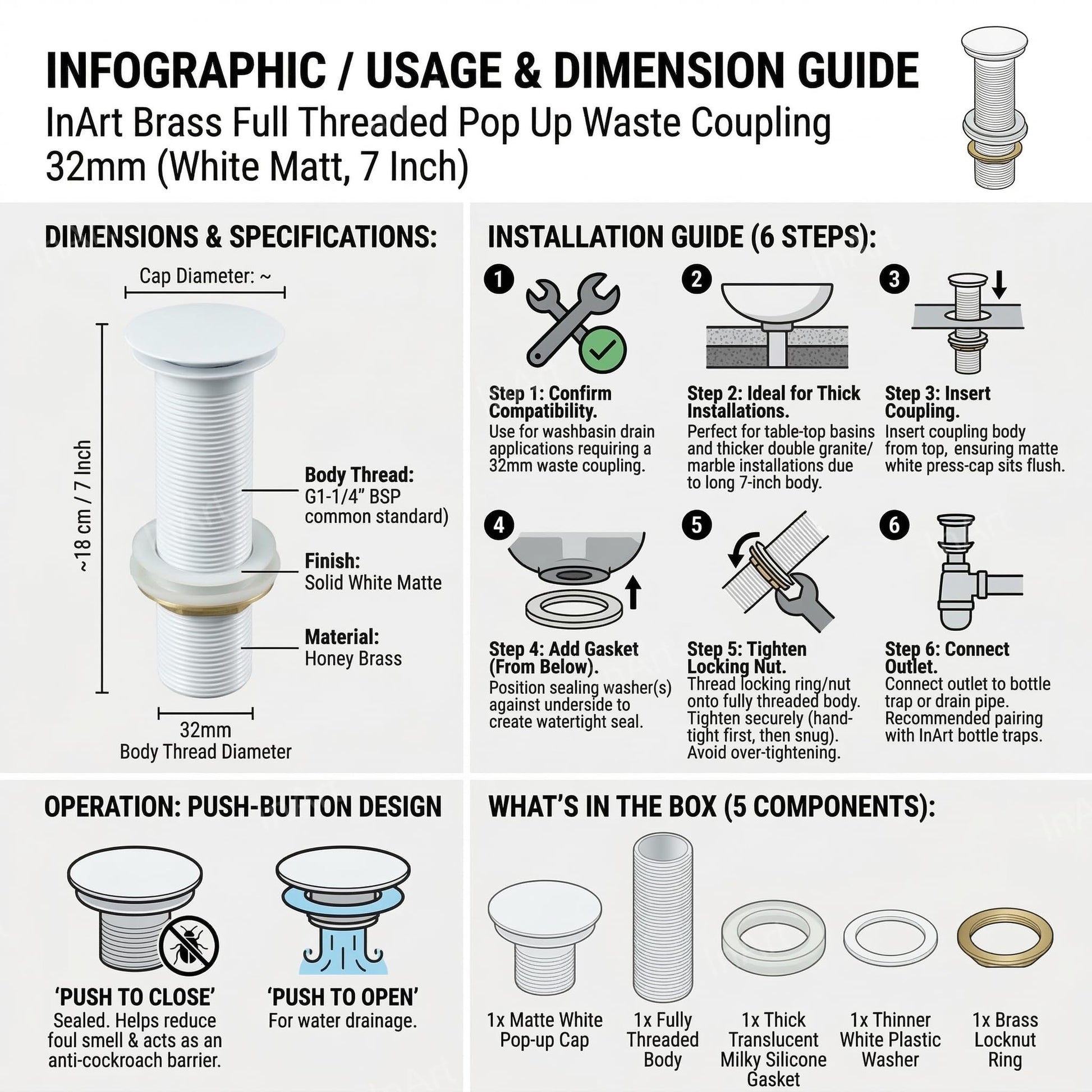 InArt anti cockroach waste coupling for wash basin, press pop up drain for table top basin in white matte