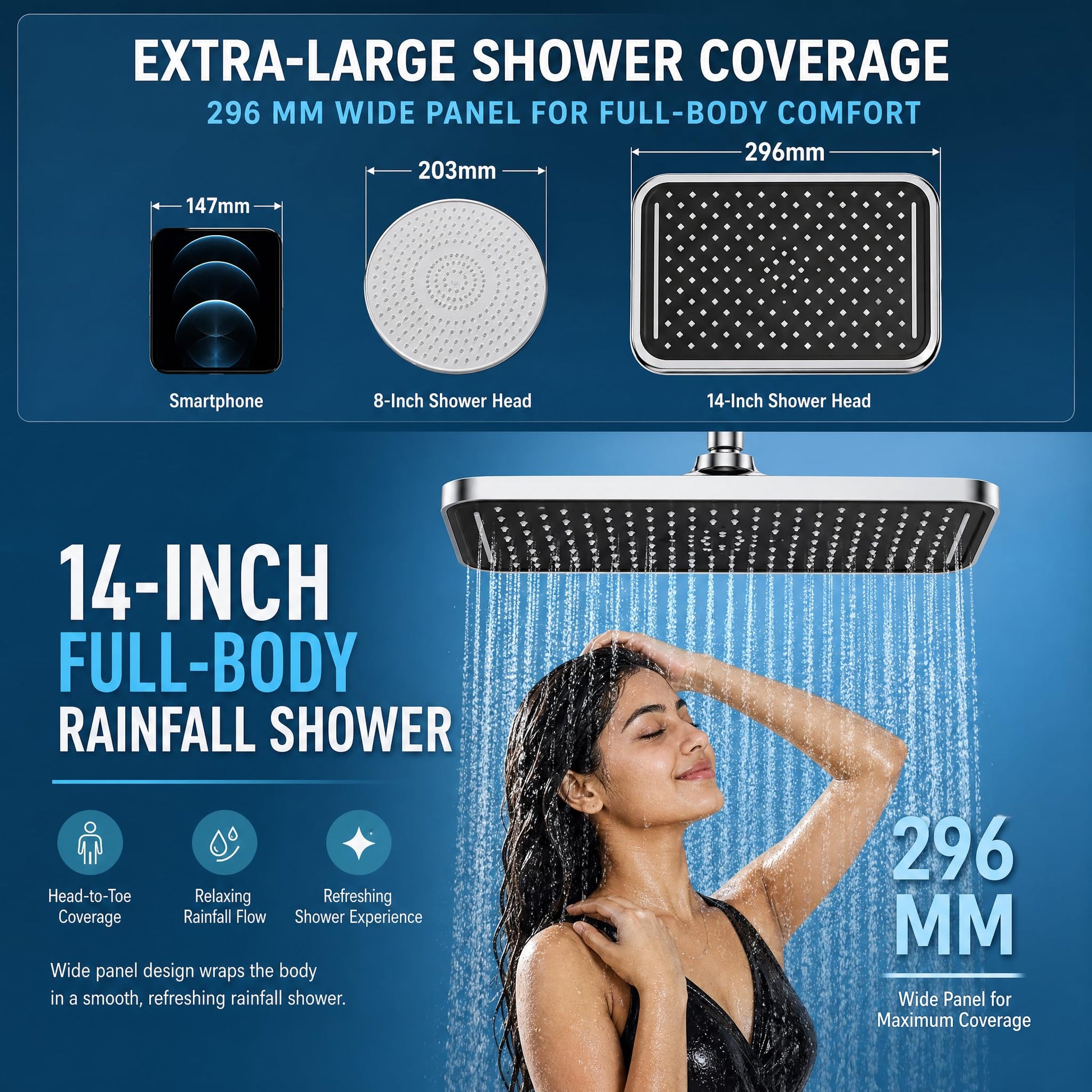 Close-up of easy-clean anti-clog nozzles on rectangular rain shower head