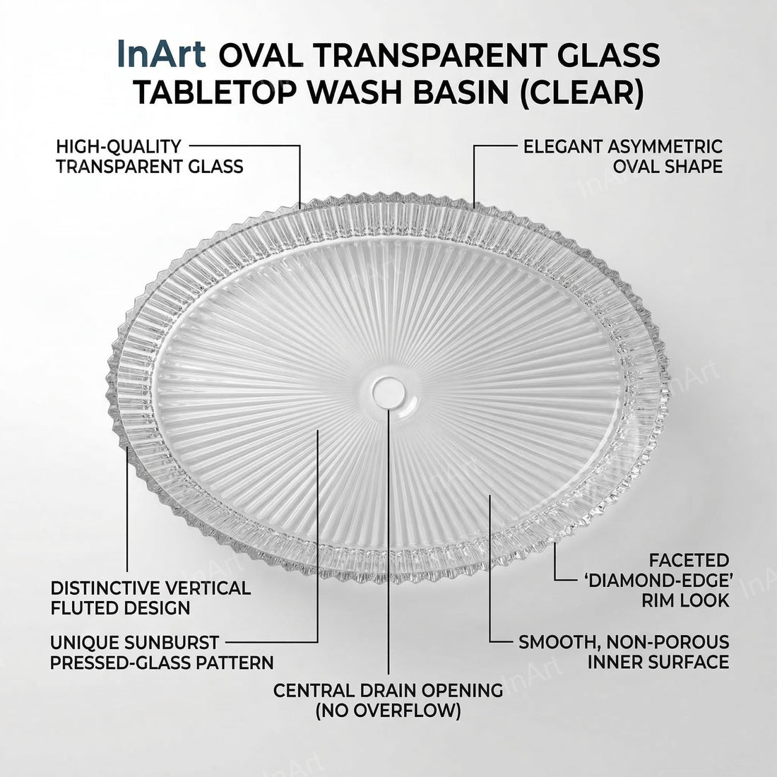 InArt glass design wash basin, oval transparent glass table top wash basin, clear finish main view