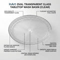 Designer transparent glass wash basin in oval shape, modern table top basin angled view