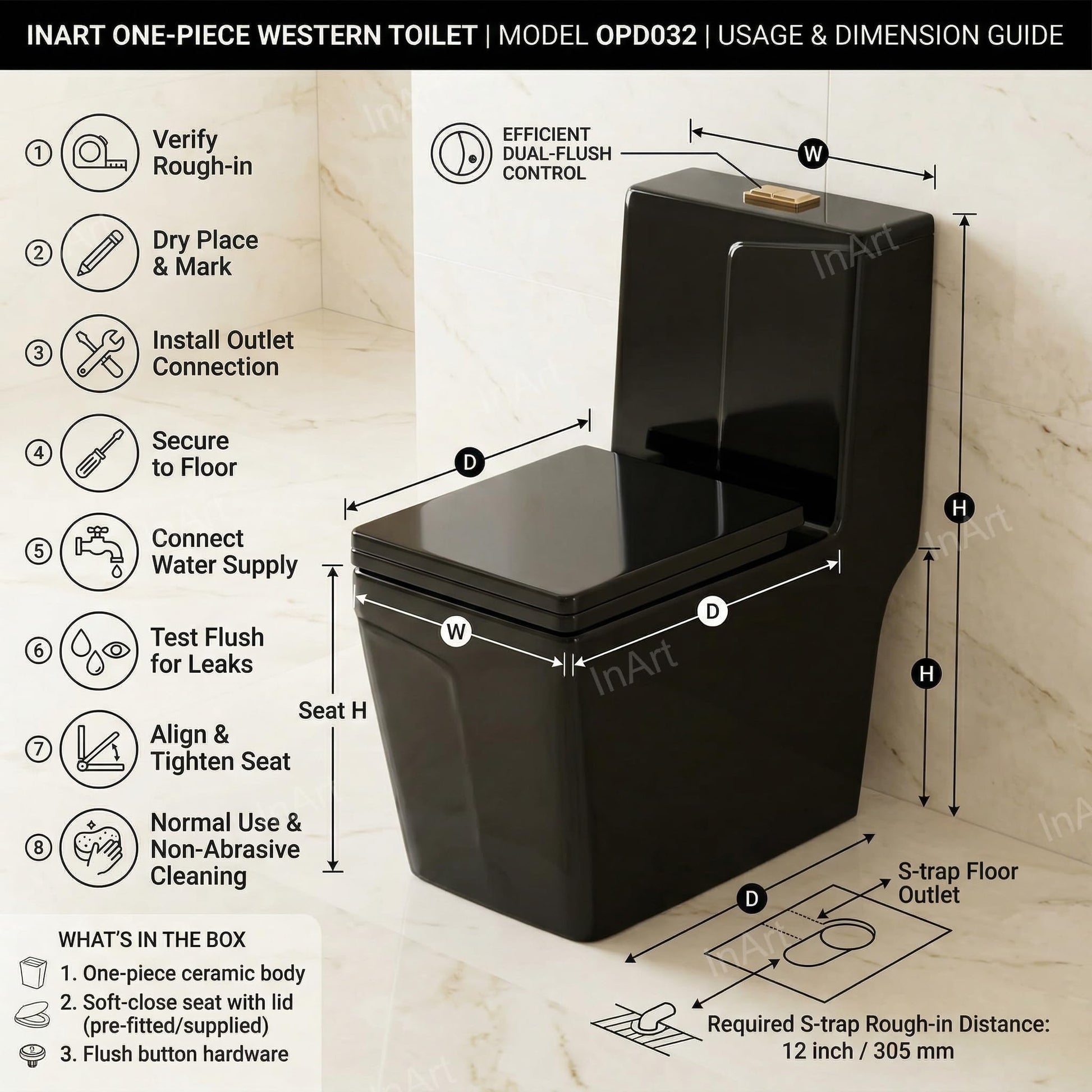 InArt one piece water closet glossy black finish, top view showing seat area and compact tank design