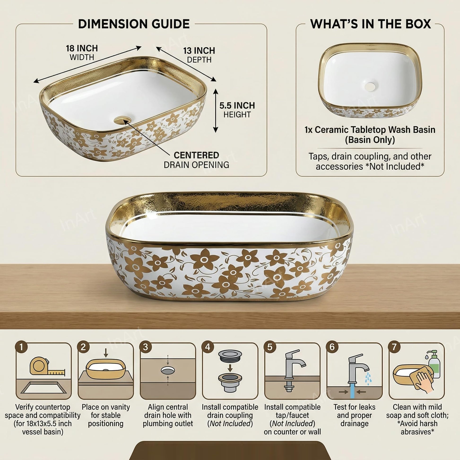 Top counter wash basin with tap hole area visible, white-gold ceramic basin for modern wash basin table