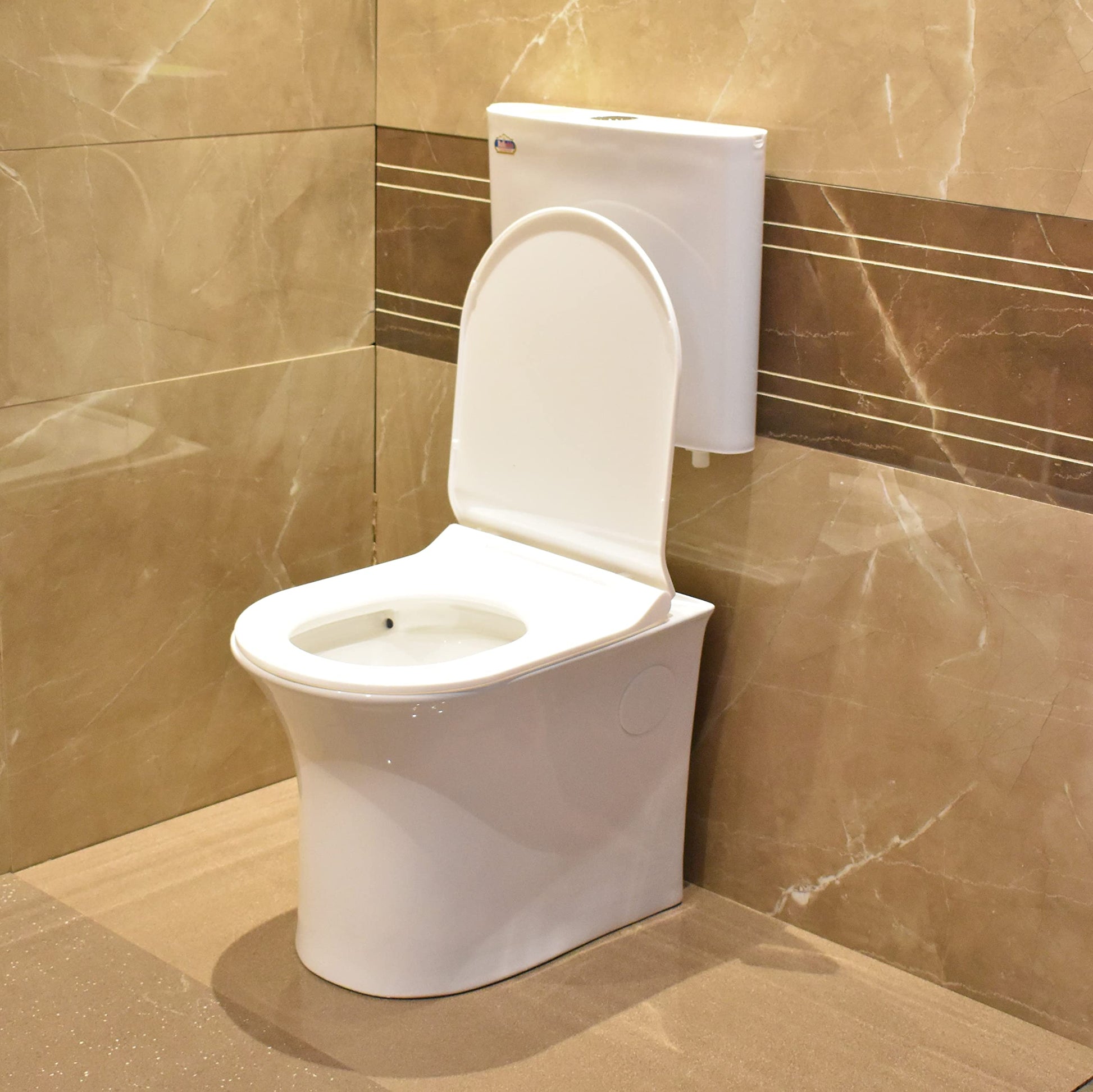 InArt ceramic floor mounted western toilet commode with S-trap 8 inch outlet, side angle view with flush tank