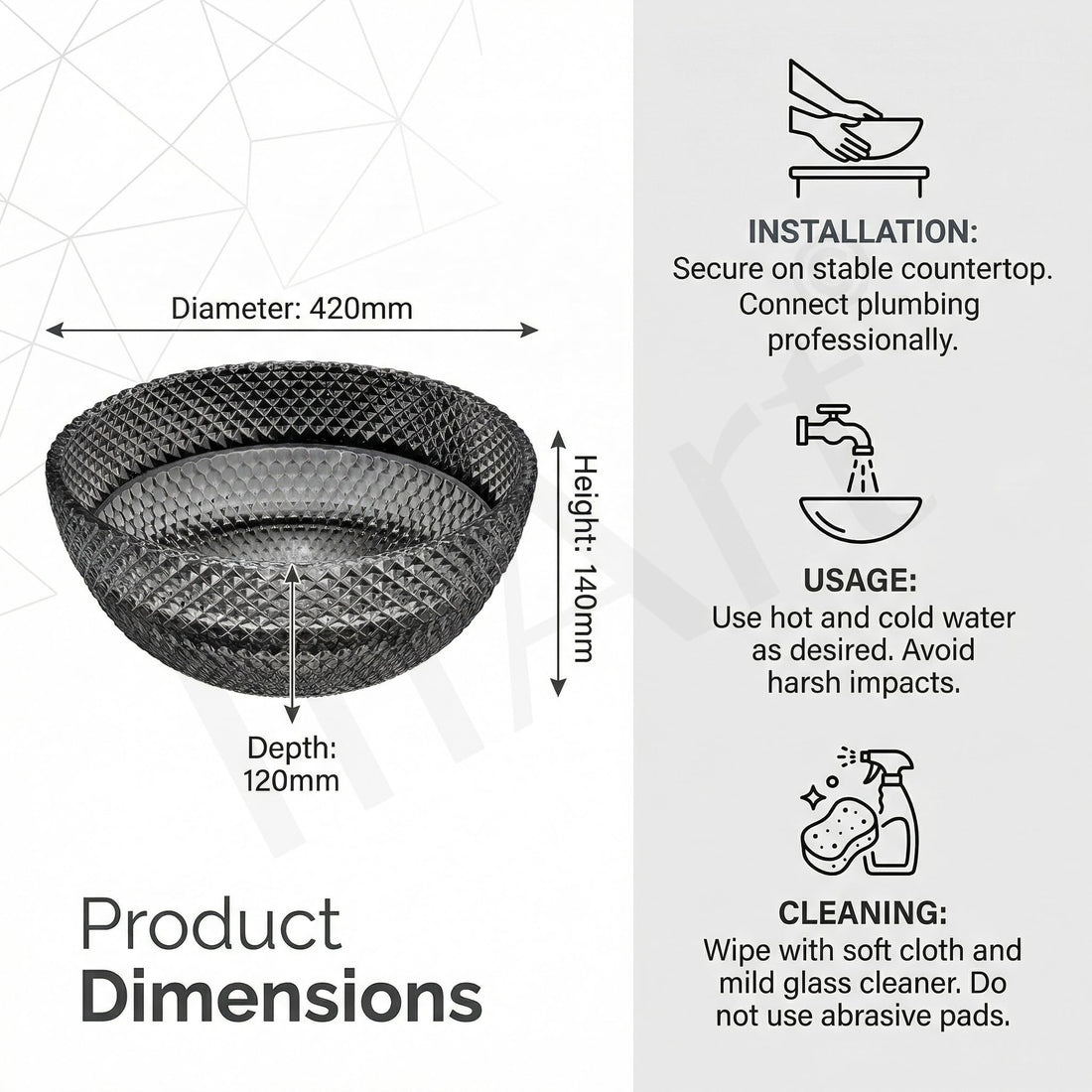 InArt hindware table top wash basin in glossy black tempered glass, square design, front view