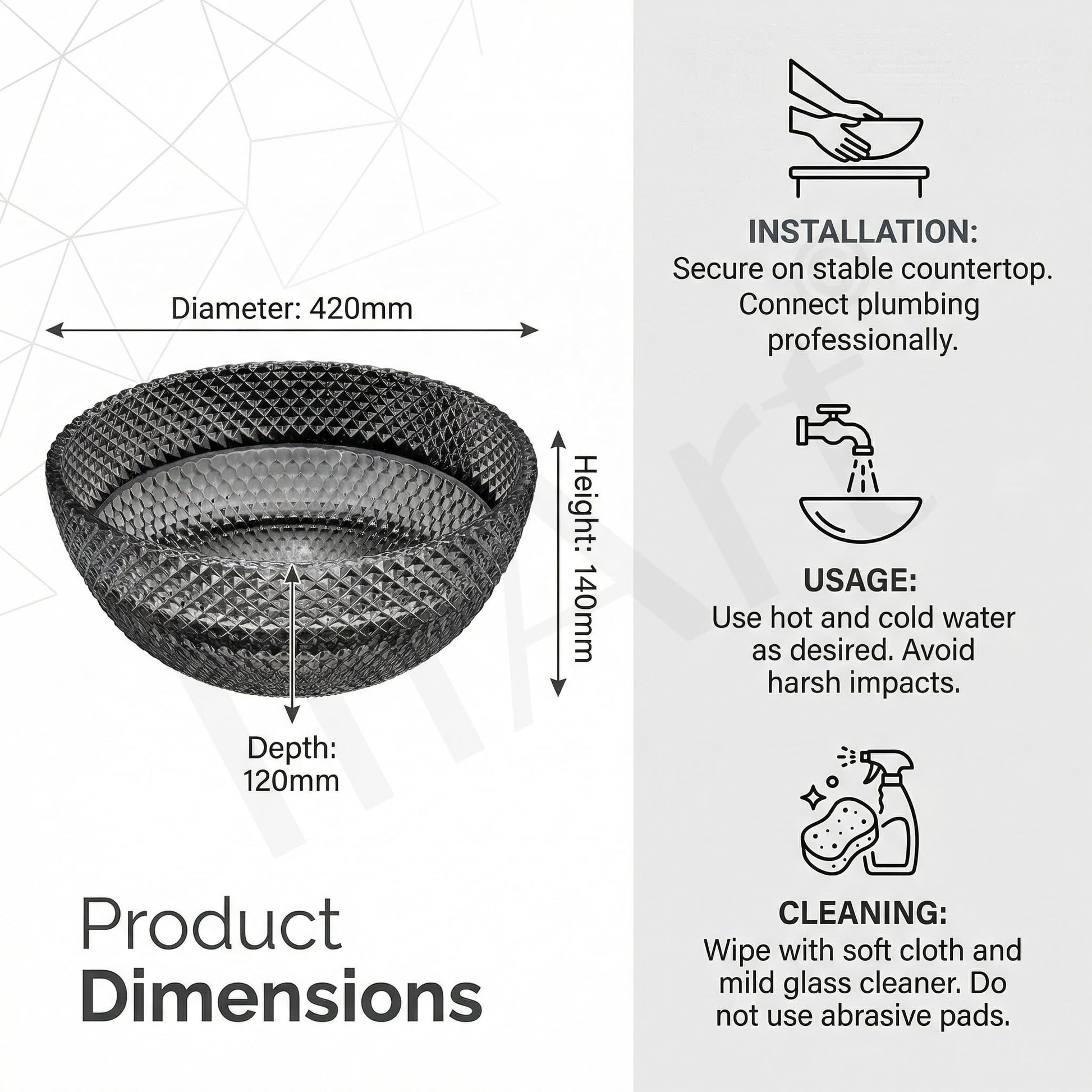 Designer glass table top wash basin in glossy black, square bowl, angled view for modern bathroom