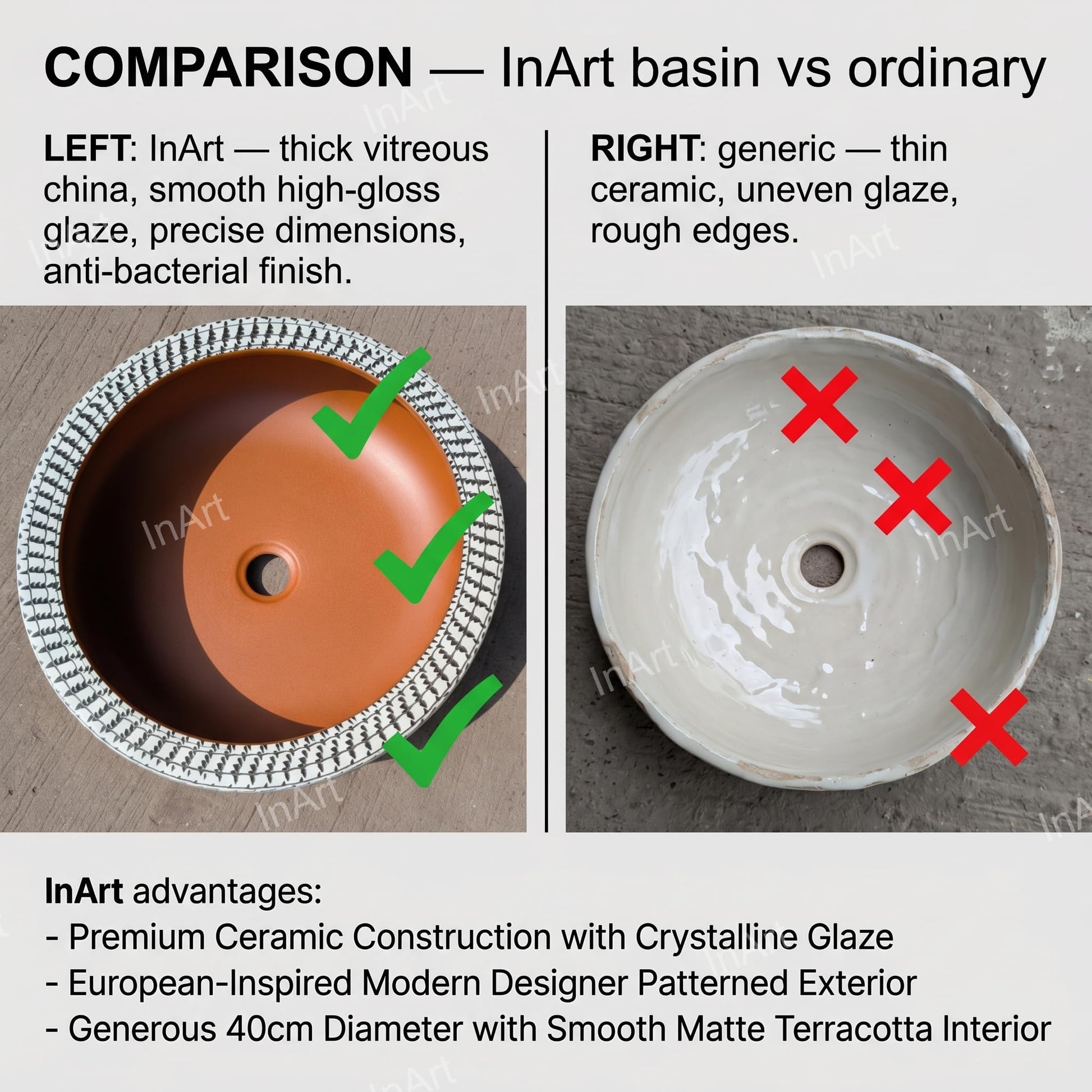 Premium ceramic wash basin for bathroom, round matte brown table top basin with tap hole area detail