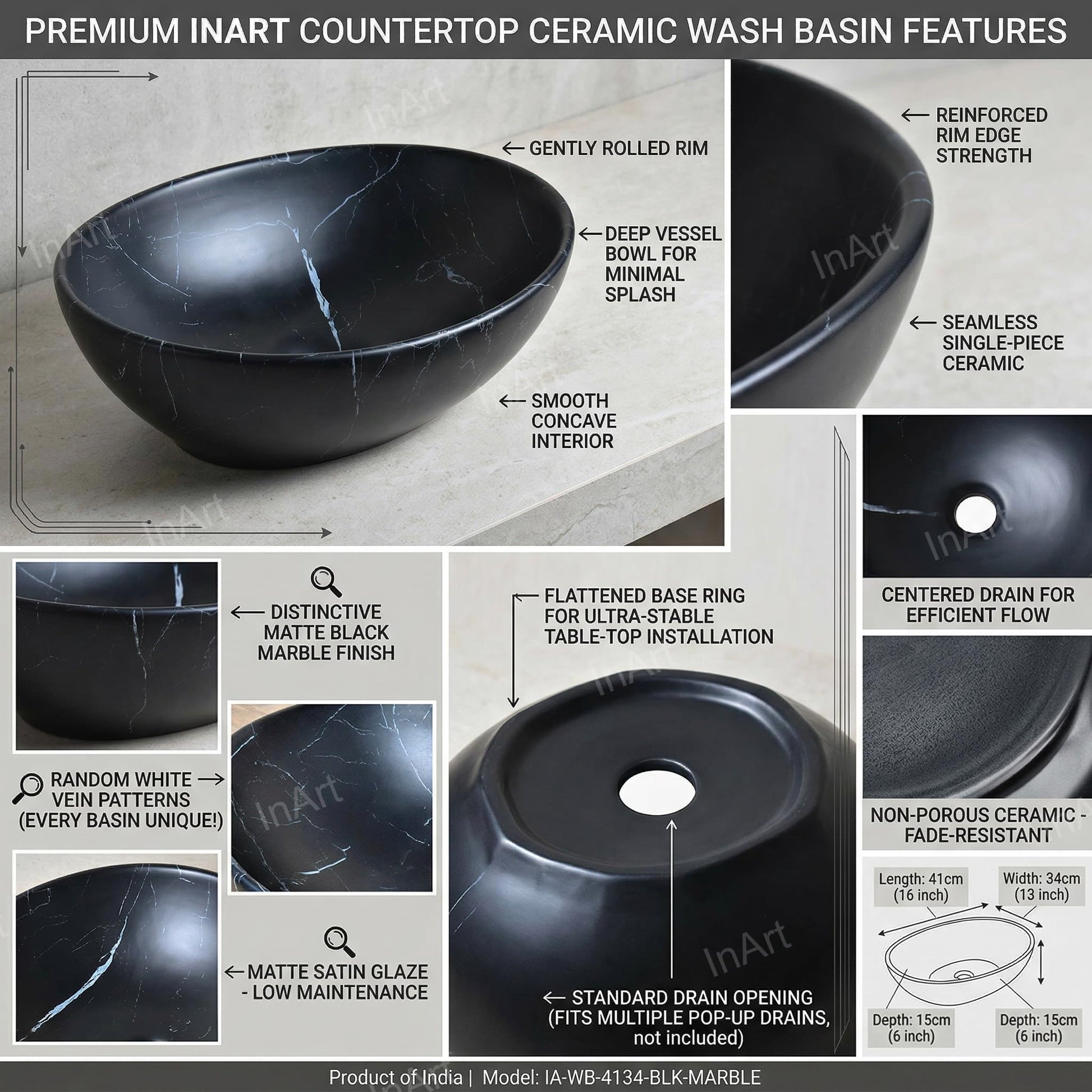 Matte black wash basin in ceramic, stylish rectangular table top basin side angle for modern washroom