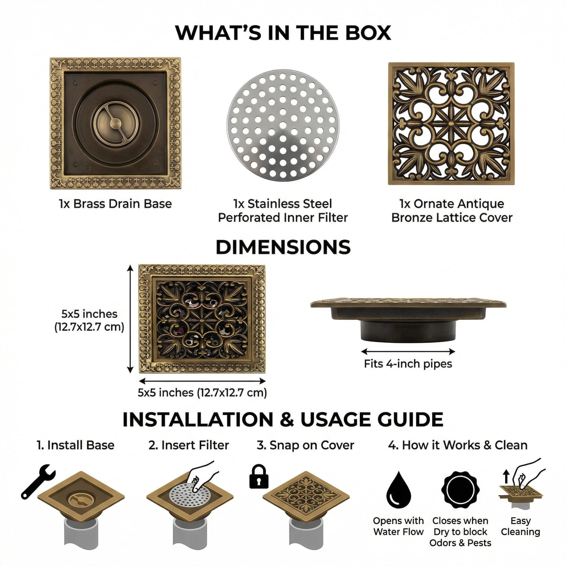 InArt premium brass floor drain jali in bronze finish fitted in bathroom floor, modern interior look