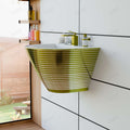 Modern small wall mounted wash basin in ceramic, rectangular glossy white with gold edge, side angle