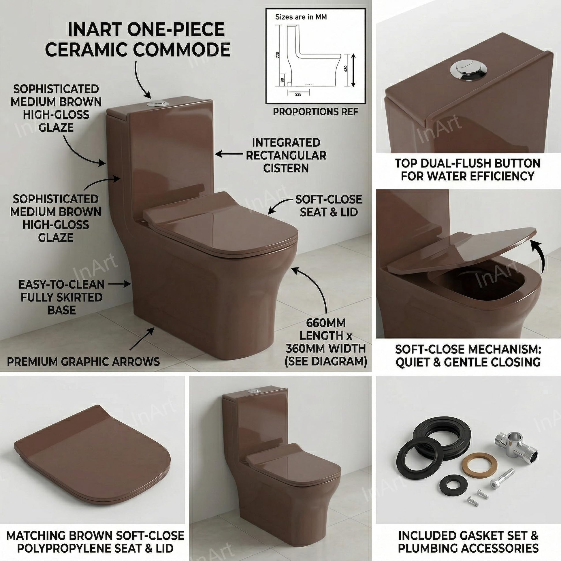 Single piece western toilet rectangular ceramic commode, side angle showing floor mounted S-trap outlet