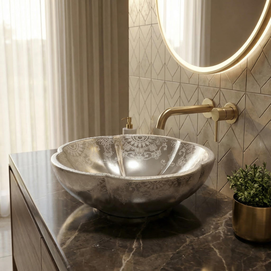 InArt ceramic table top wash basin, round silver Moroccan design countertop basin for bathroom