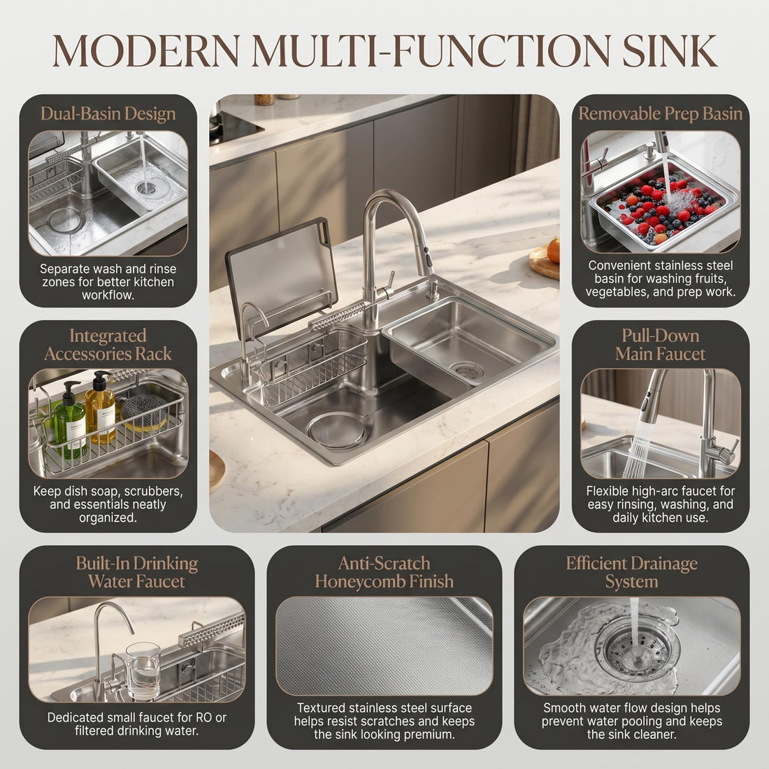 InArt 304 stainless steel rectangular sink with drinking water tap, multifunction double bowl set in silver finish