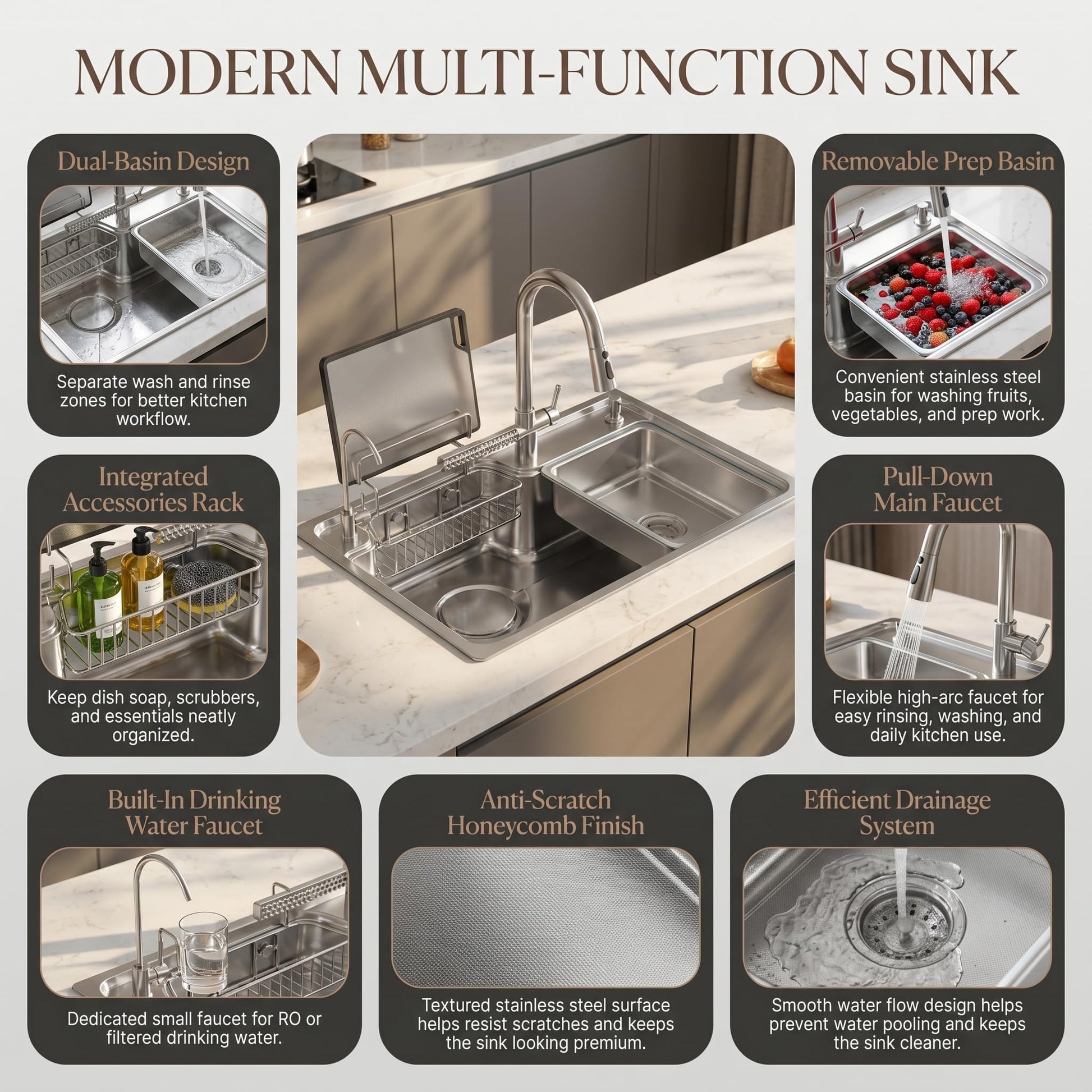 Multifunction kitchen sink with pull down tap set, angled view showing anti-scratch honeycomb bowl and accessories