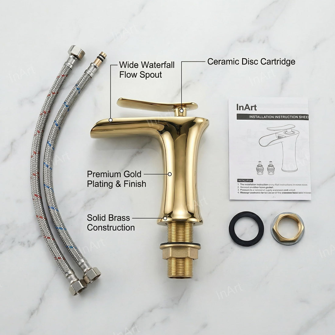 InArt single lever basin mixer in golden brass with waterfall spout, front view bathroom tap