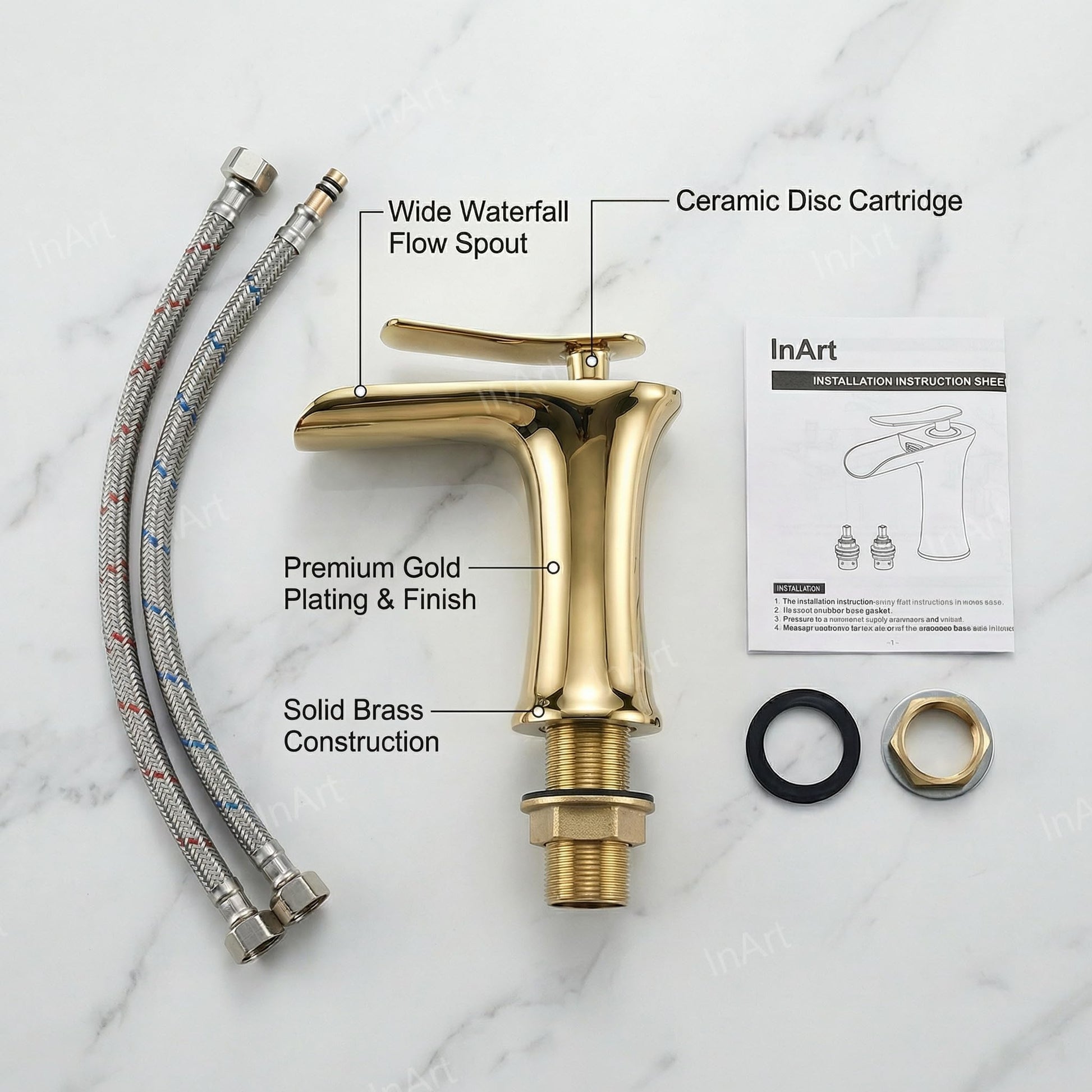 Golden waterfall basin tap, single lever wash basin mixer shown at left angle for modern bathroom