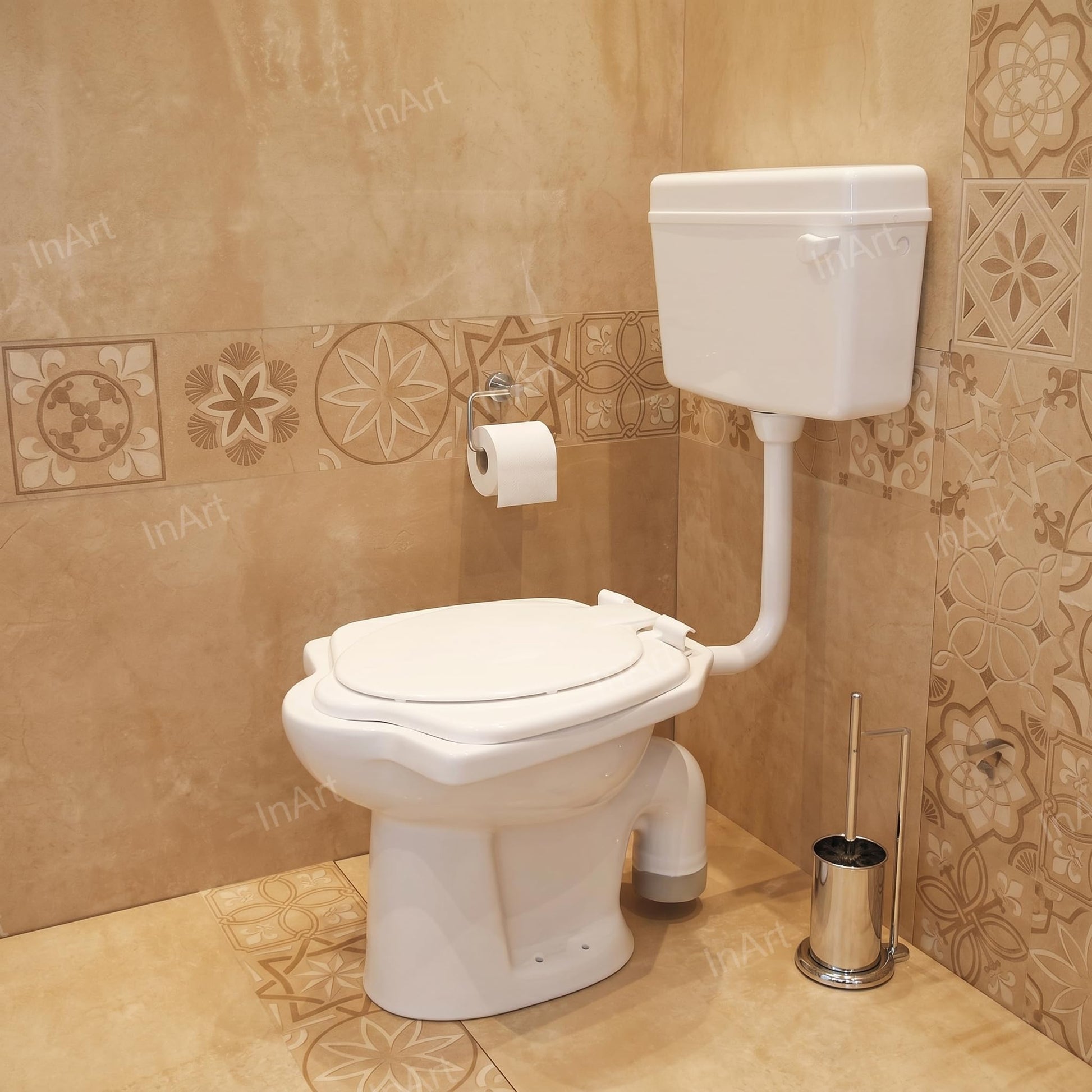 InArt ceramic western toilet commode with square bowl, close-up of glossy white finish and smooth rim design