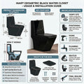 Soft close seat cover on glossy black one piece western commode, premium sanitaryware hinge close-up