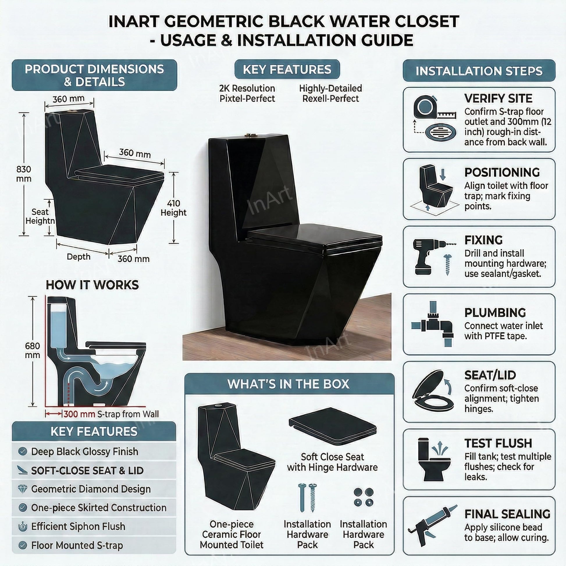 Soft close seat cover on glossy black one piece western commode, premium sanitaryware hinge close-up