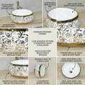 Modern bathroom basin design in white and gold, round above counter ceramic wash basin side angle view
