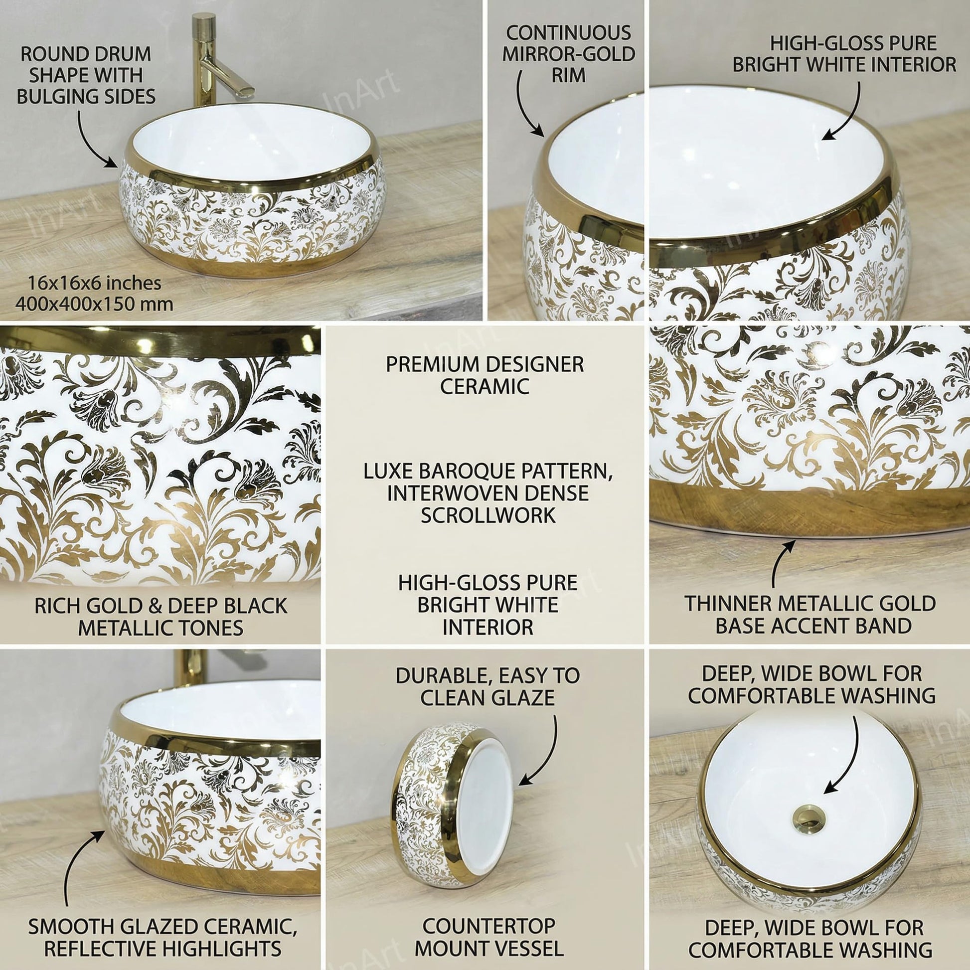 Modern bathroom basin design in white and gold, round above counter ceramic wash basin side angle view