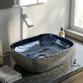Hindware table top wash basin alternative by InArt, glossy blue ceramic rectangular above counter basin