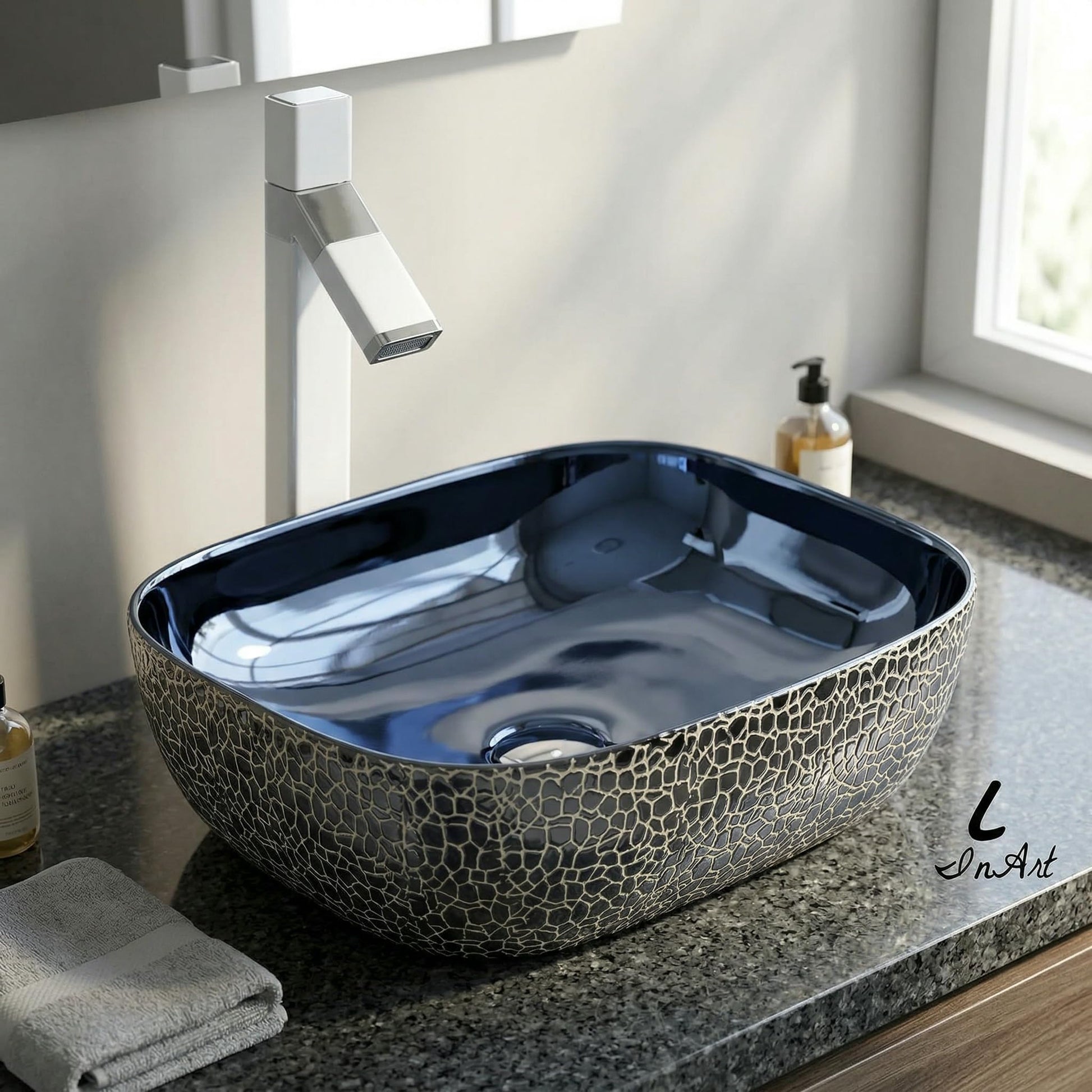 Hindware table top wash basin alternative by InArt, glossy blue ceramic rectangular above counter basin