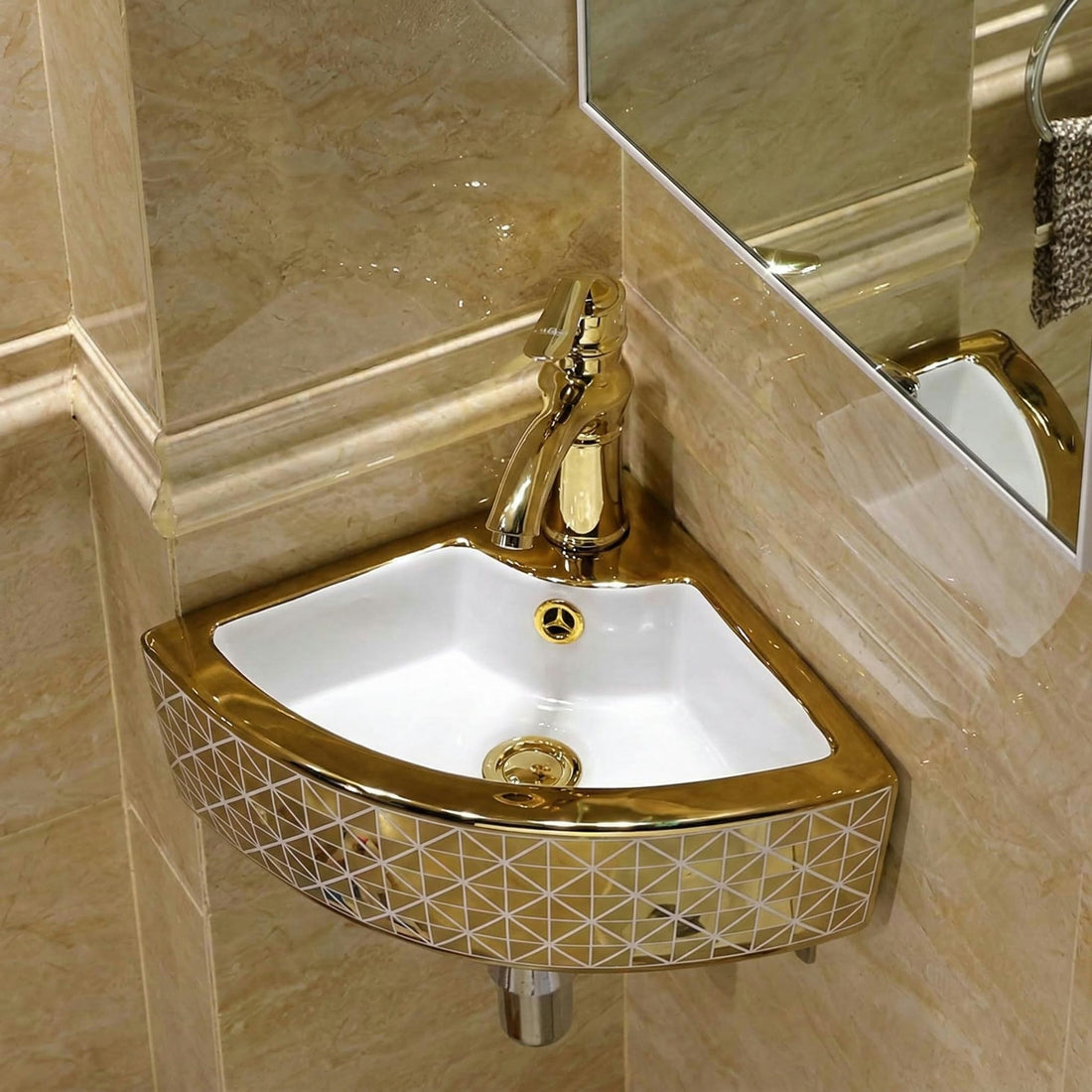 InArt ceramic corner wash basin design, square 14x14 inch glossy golden white, wall hung or table top