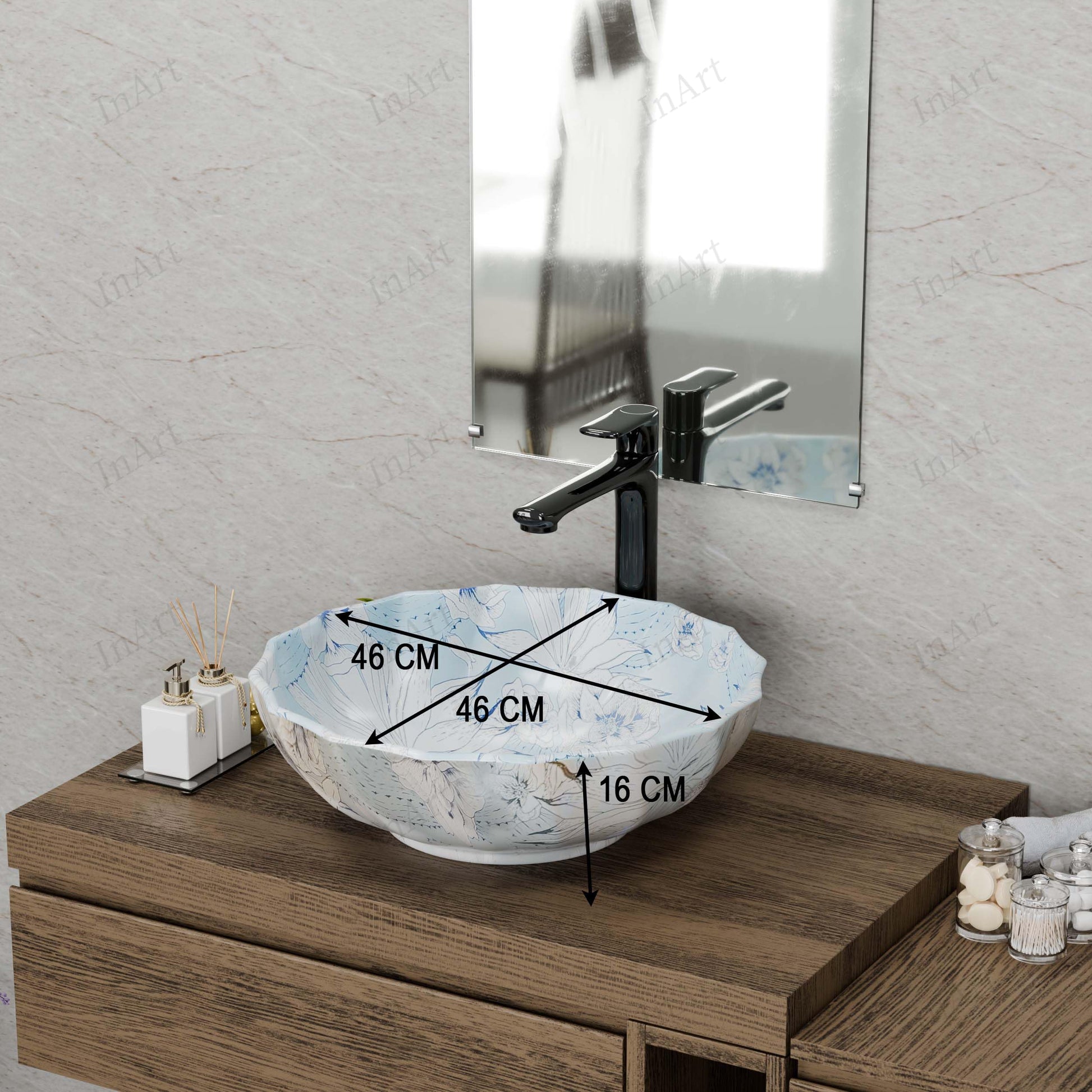 Modern washing basin in light blue glossy ceramic, round above counter wash basin, 3/4 angle view