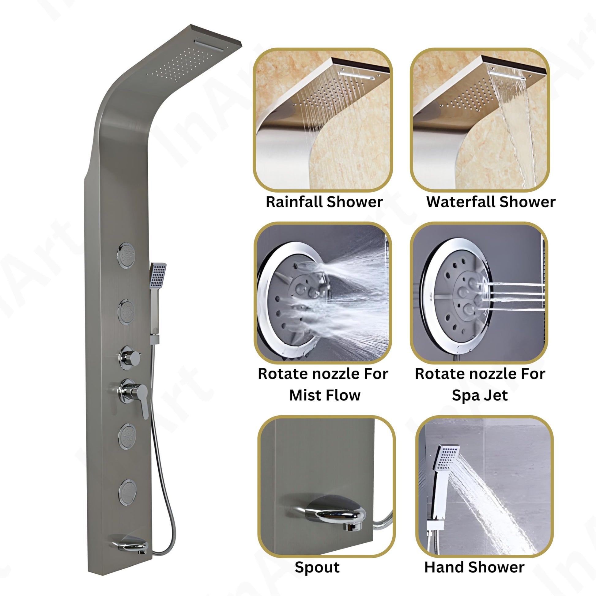 Chrome shower tower for bathroom, side angle showing massage jets, hand shower and tub spout in brushed chrome