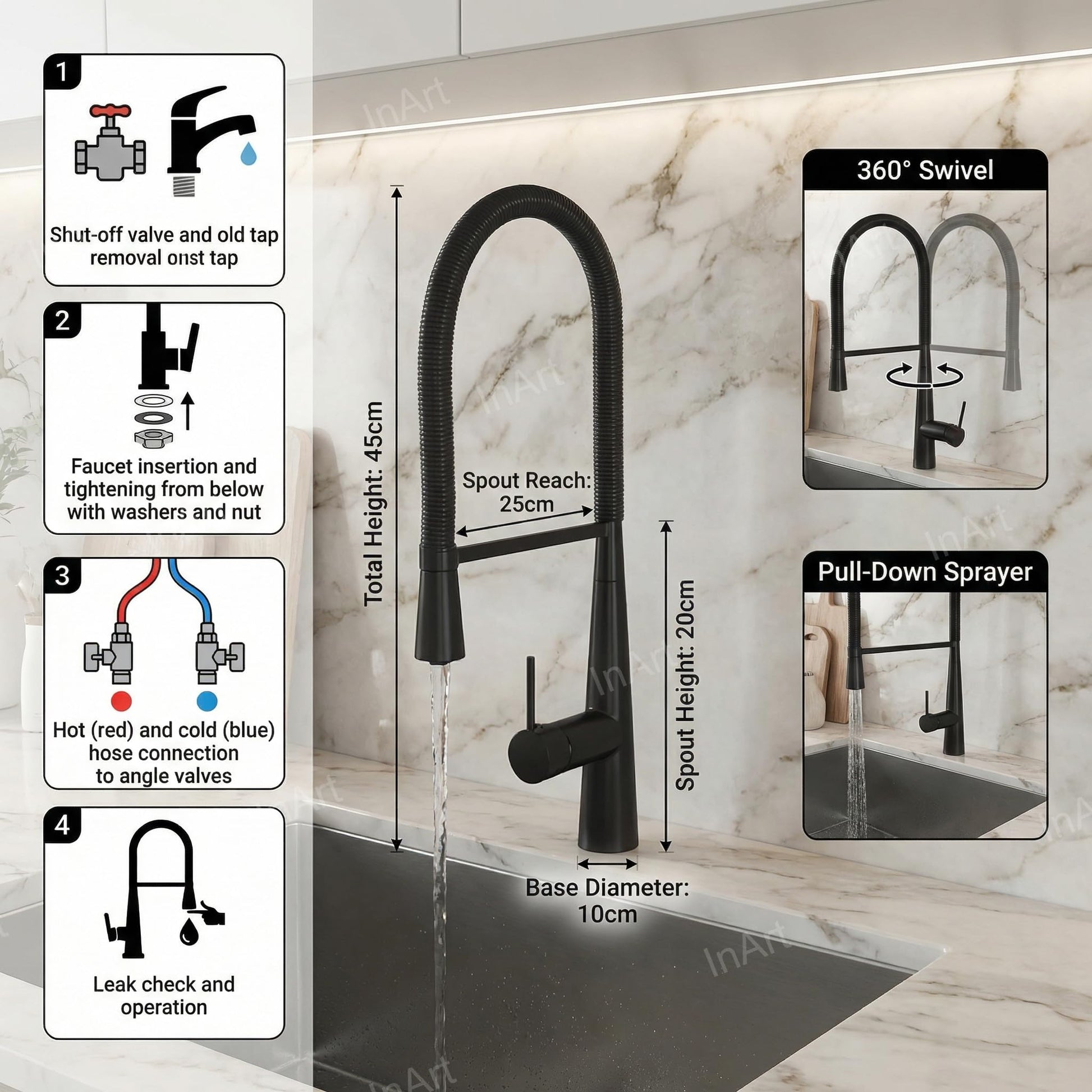 Black tap sink installation view on kitchen counter, modern gooseneck sink mixer tap with single lever control