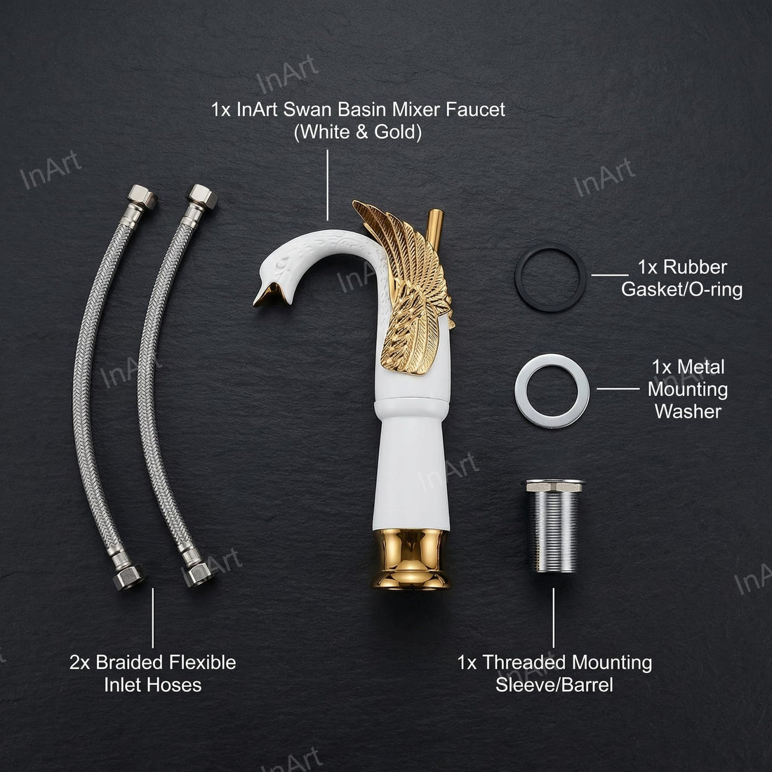 InArt brass swan neck washbasin tap design in white gold finish, single lever deck mount basin tap