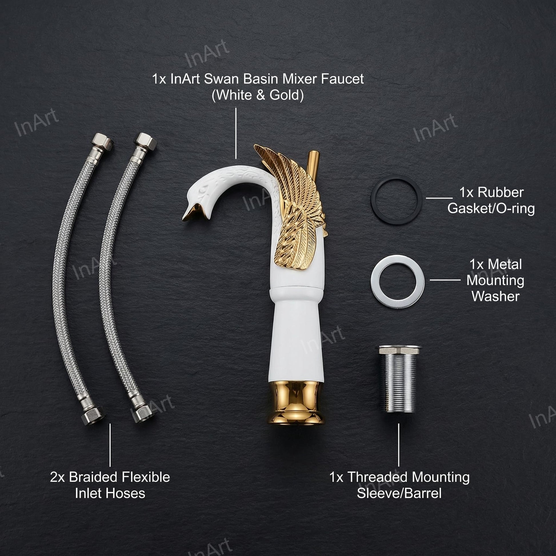 Designer tap for wash basin, InArt swan neck basin tap in polished gold and white, side angle view