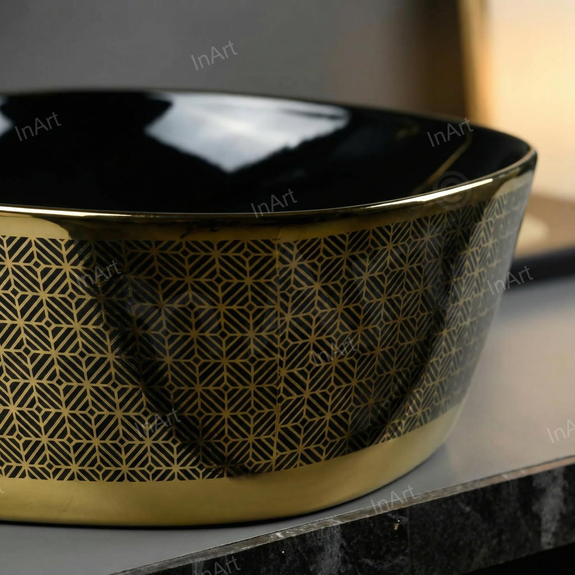Premium ceramic wash basin on table for bathroom vanity, oval glossy black gold counter top style