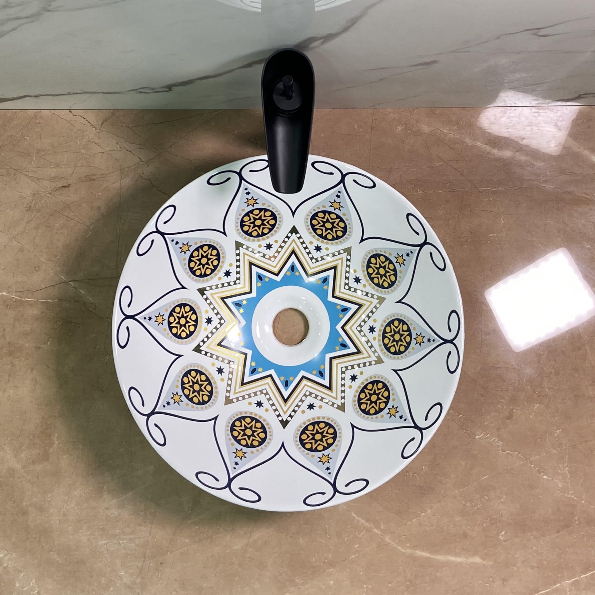 Table top round wash basin for bathroom counter, colourful designer ceramic basin with tap hole