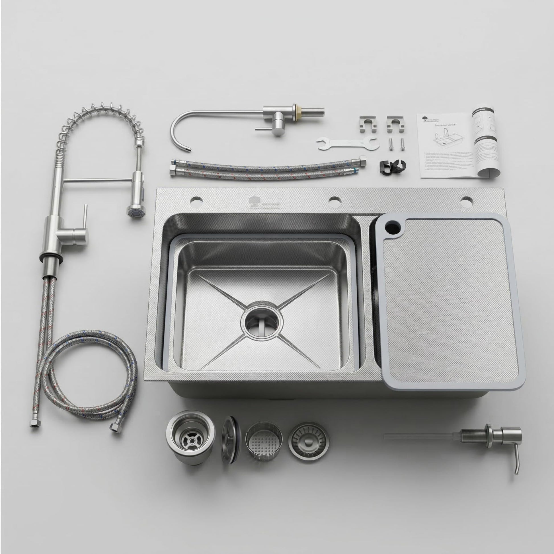 InArt handmade kitchen sink 304 with drain set and accessories, top view of rectangular single bowl sink