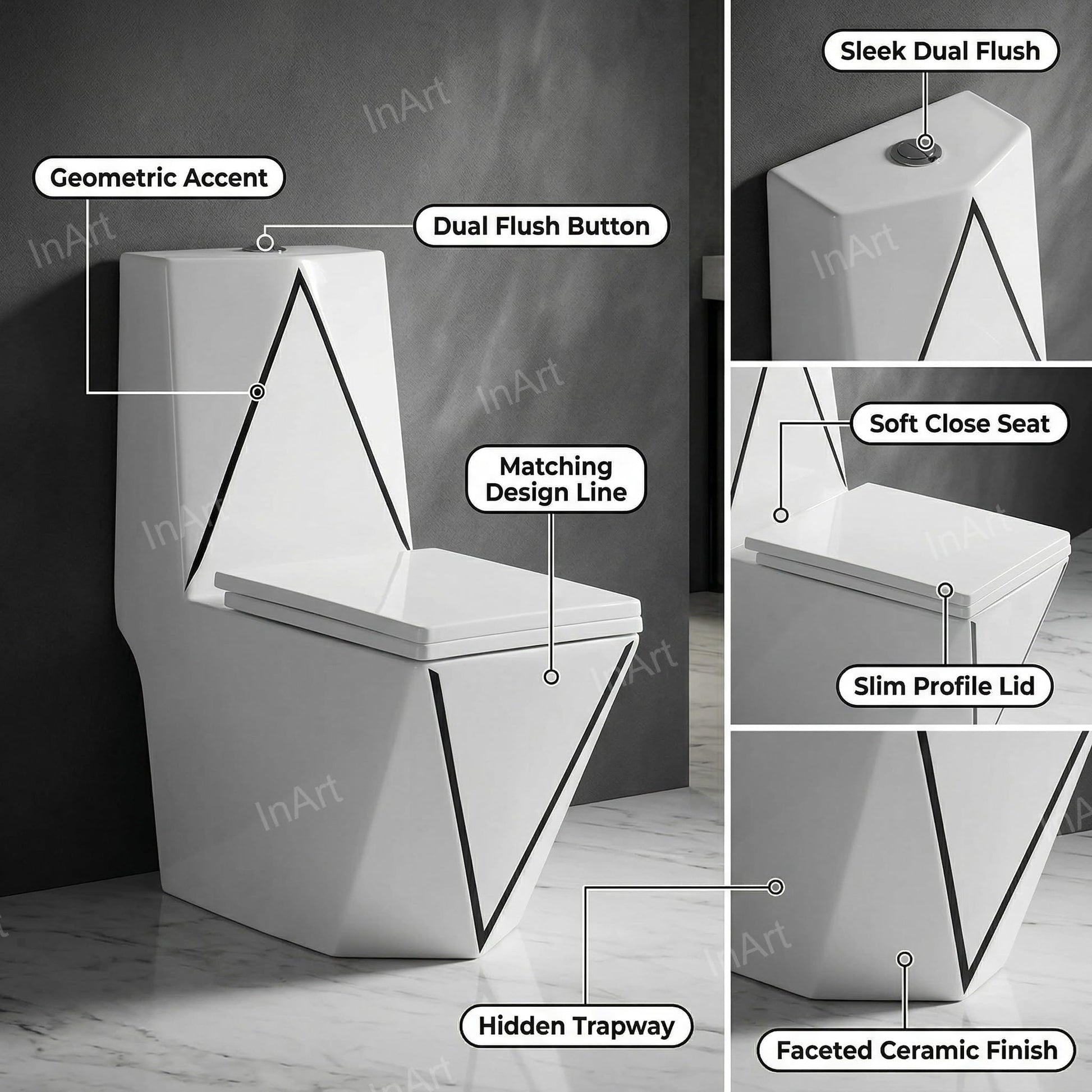 Single piece western commode with soft close seat cover, oval ceramic one piece toilet, side angle