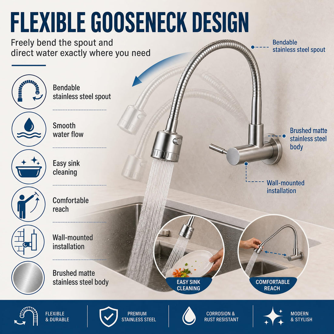 Wall mounted flexible kitchen tap in brushed silver finish with gooseneck spout