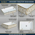 InArt premium table top wash basin for bathroom, rectangle ceramic basin with outer gold floral and white inside