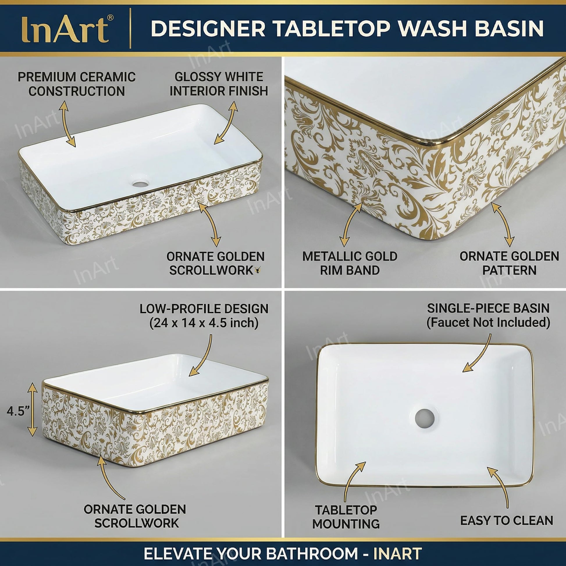 InArt premium table top wash basin for bathroom, rectangle ceramic basin with outer gold floral and white inside