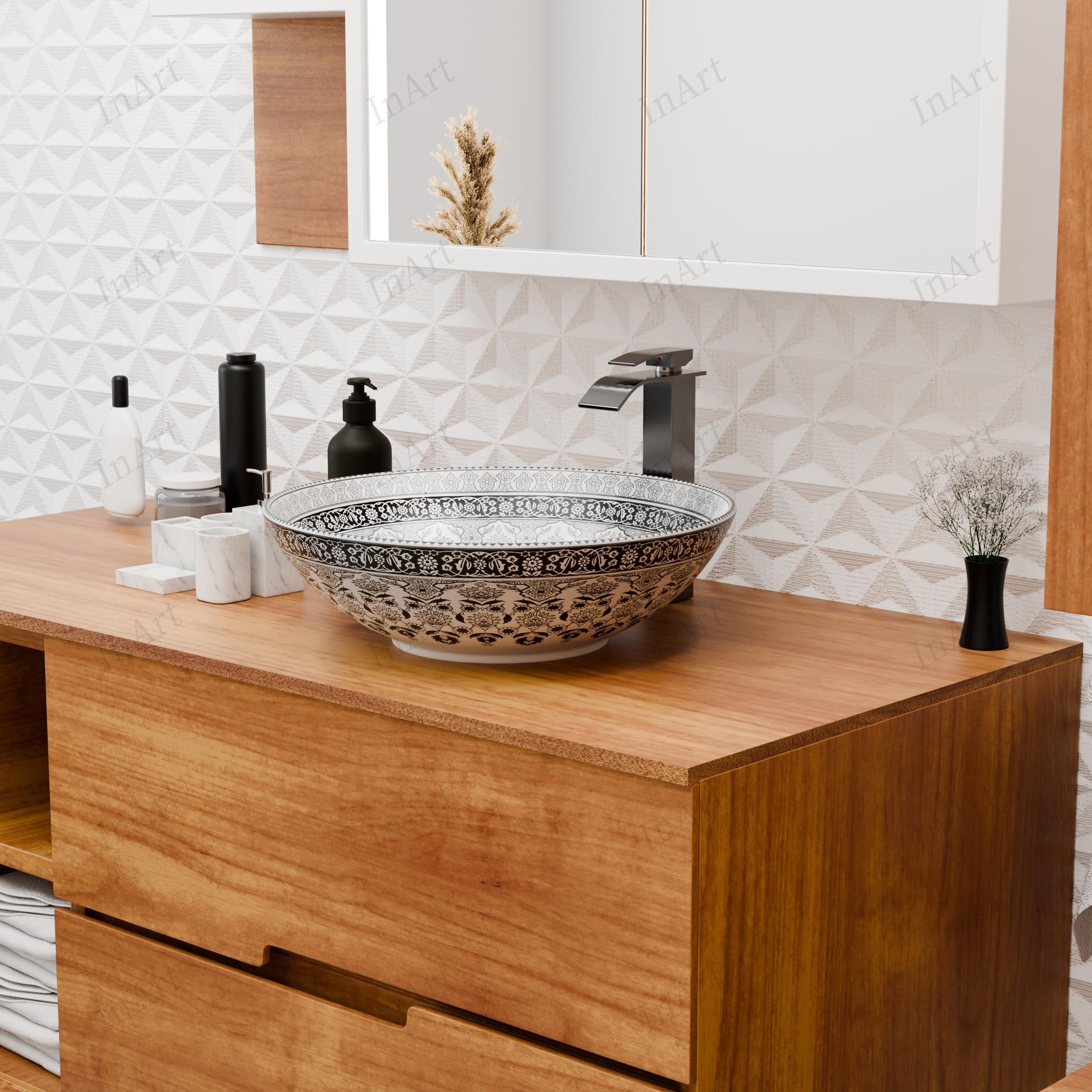 Basin table top design detail, glossy ceramic square wash basin rim and drain view, Mexican style