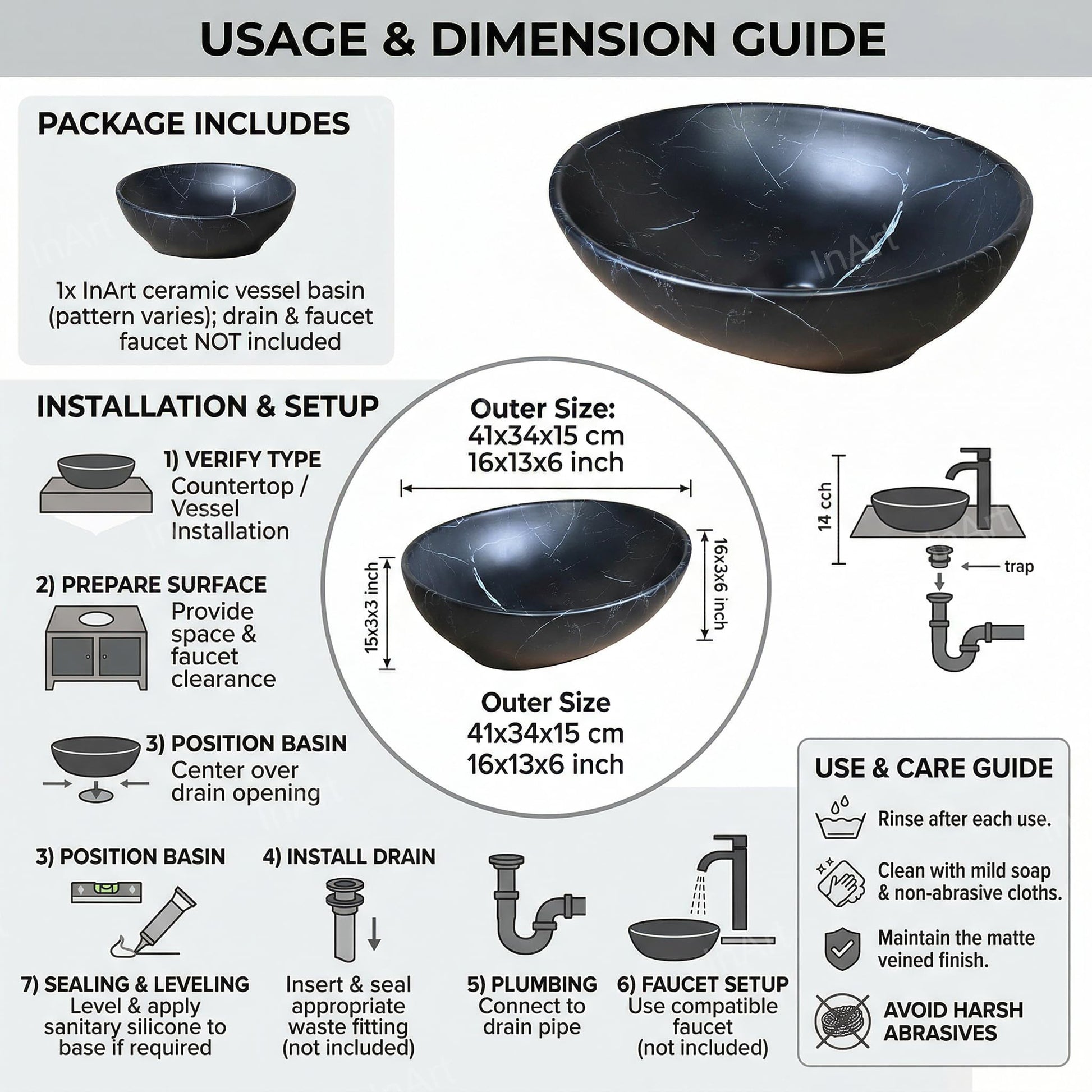 InArt table top wash basin black in bathroom interior, modern countertop basin with tap and vanity
