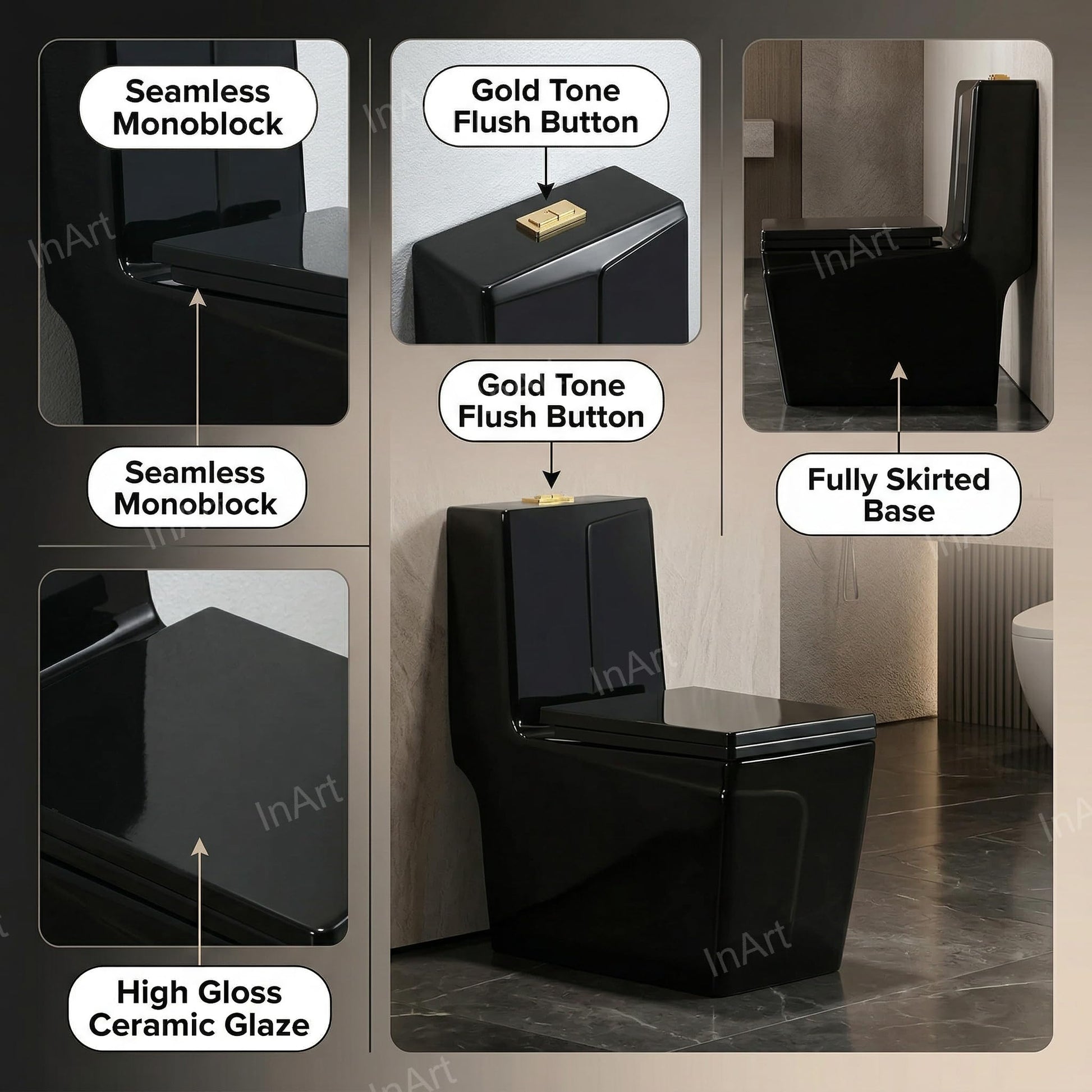 Black western toilet commode in glossy ceramic, side angle one piece water closet with syphonic washdown